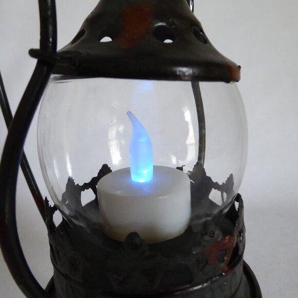 NEW 13.75” HANGING METAL & GLASS LANTERN TEA LIGHT CANDLE HOLDER STAND ODDITY - Picture 2 of 13